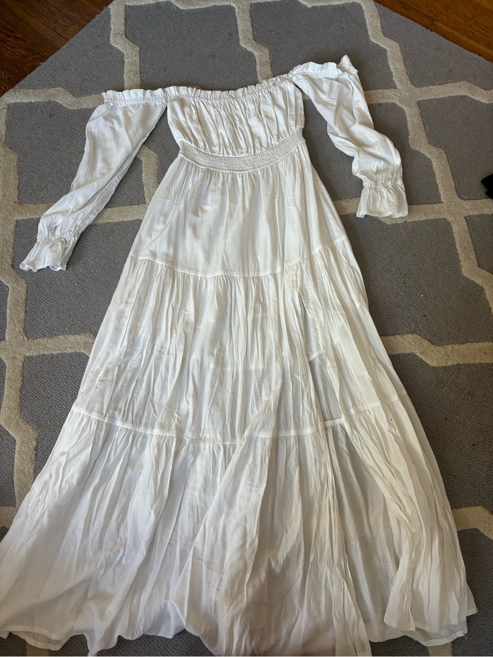 Amazon White Off-Shoulder Tiered Maxi Dress with Long Puff Sleeves